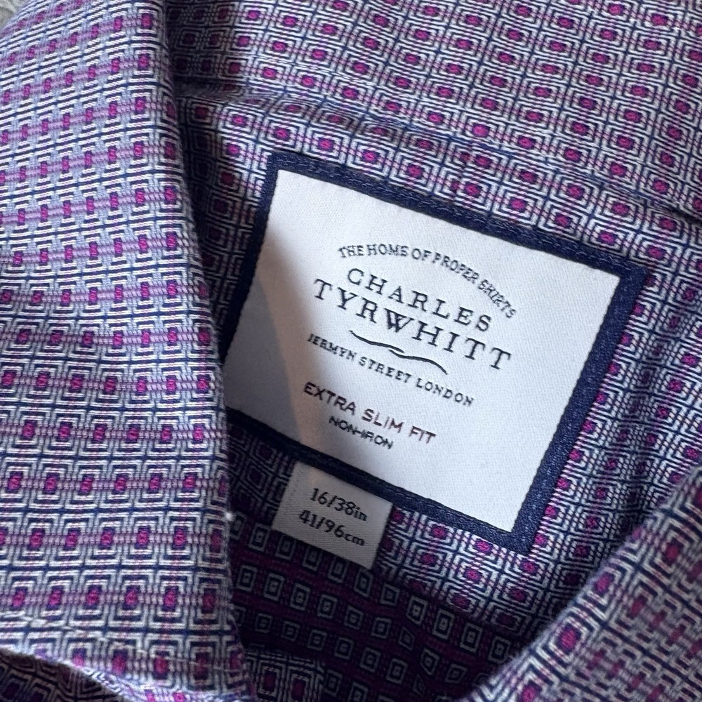 Charles Tyrwhitt Dress Shirt Mens 16 38 Purple Geometric Extra Slim Fit Non Iron - Picture 3 of 7